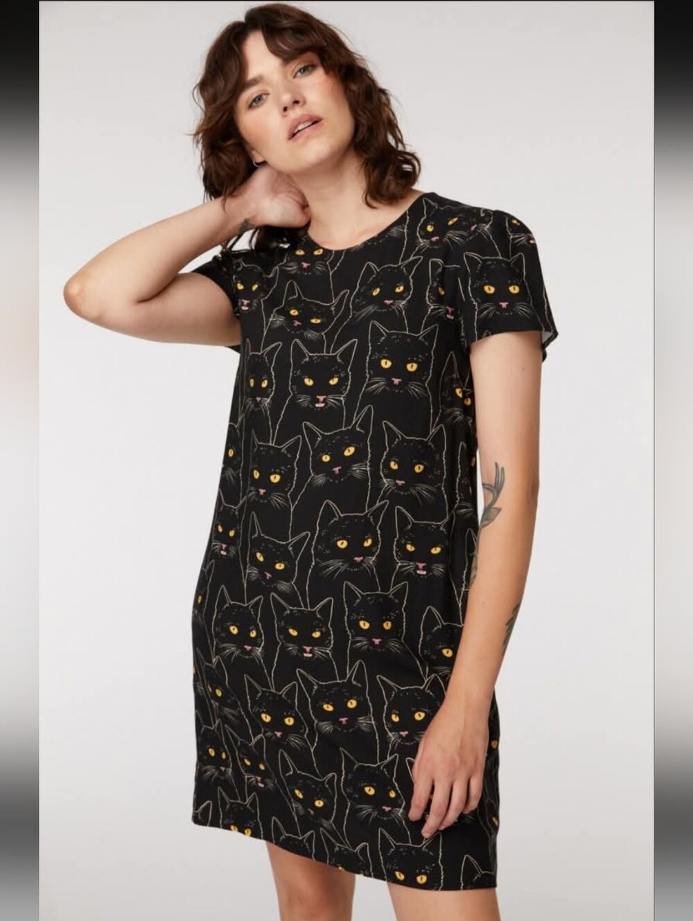 Modcloth Dangerfield The Moew Dress Black Cat Shift Mini Dress Size AUS 10 /US 6